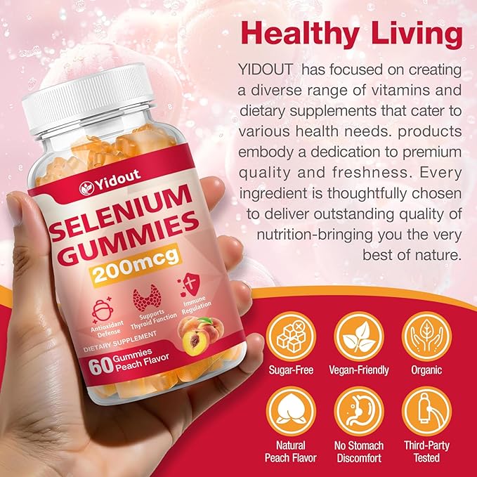 Selenium Supplement for Thyroid Support Gummies 200mcg as Energy Booster for Women and Men, Peach Flavor (60 Count(Pack of 1))