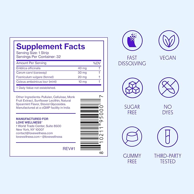 Love Wellness Bloat* Quick Melt Strips - Fast-Dissolving Digestive Support with Mint, Fennel, and Caraway - Helps Ease Occasional Bloating* - No Water Needed - Vegan and Sugar Free - 32 Strips