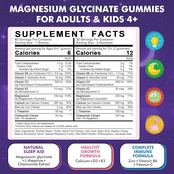 Magnesium Glycinate Gummies for Kids 4+ & Adults- Magnesium Glycinate 150/300 mg for Natural Sleep, Relaxation & Calm Support, Melatonin Free, Sugar Free Strawberry Flavor, 60 Ct