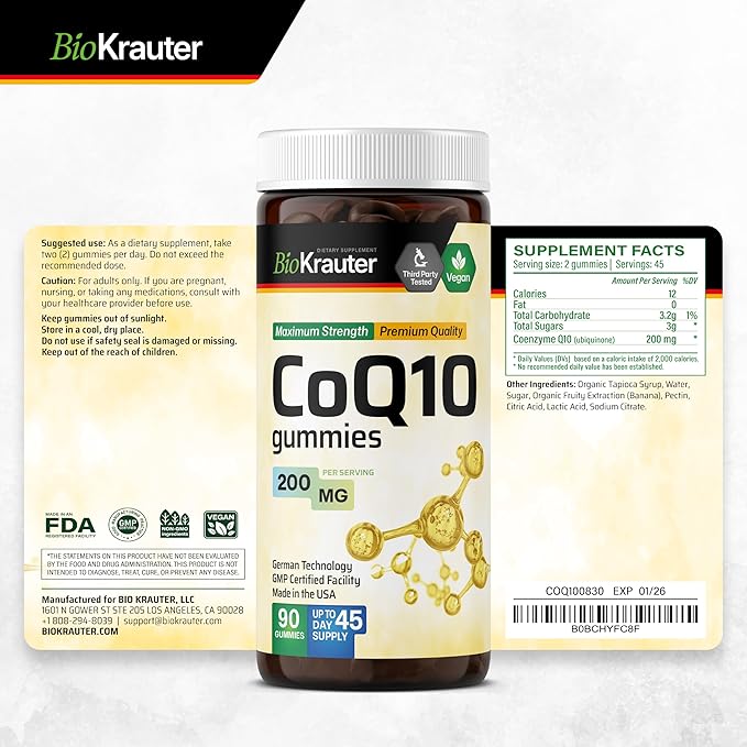 BIO KRAUTER® CoQ10 200mg for Energy Production - Coenzyme Q10 for Antioxidant & Daily Wellness - Vegan 90 CoQ10 Gummies, 45-Day Supply - Non-GMO, Banana Flavor