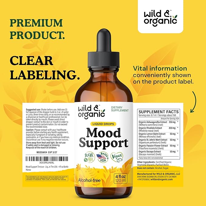 Wild & Organic Mood Support Supplement - Natural Liquid Drops for Positive Energy - Calm Mind Supplement for Women and Men - Non-Alcohol Ashwagandha & Rhodiola Rosea Root Tincture for Good Mood - 4 oz