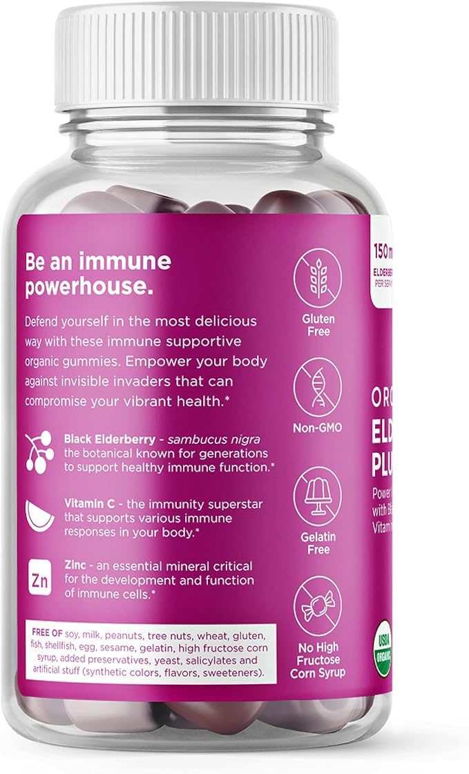 Hyland's Organic Elderberry Plus Gummies, Organic Black Elderberry with ZINC and Vitamin C, Immune Support Supplement for Adults, 60 Vegan Gummies (30 Days) (Pack of 2)
