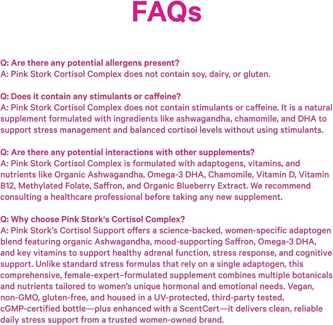 Pink Stork Cortisol Supplements for Women - Adaptogenic Adrenal Support & Hormone Balance with Organic Ashwagandha, Omega 3 DHA, Saffron, Multivitamins - Mood Support - 60 Count