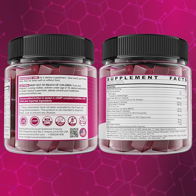Organic Beet Root Gummies with L-Citrulline & L-Arginine, Nitric Oxide Supplements for Men and Women, Grape Seed, Pomegranate, Saffron for Circulation, Vâsculâr & Vitality, Vegan, Sugar Free, 120 Cts