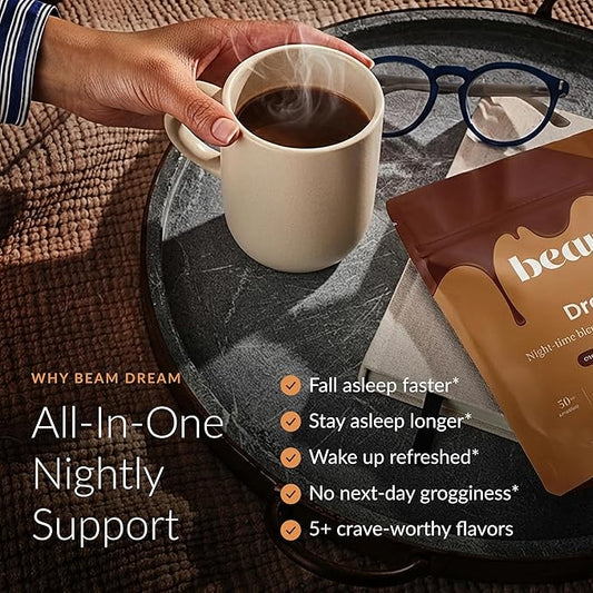 Beam Dream Sleep Powder – Sleep Aid for Adults with Melatonin, Magnesium, L-Theanine, Reishi Mushroom & Apigenin Sleep Supplement, Sleepy Cocoa Bedtime Drink Mix, Chocolate Peanut Butter, 30 Servings