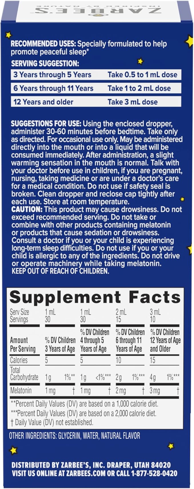 Zarbee's Kids Melatonin Sleep Supplement Liquid, 1mg Melatonin, Drug-Free & Effective, Easy to Take Natural Berry Flavor for Kids Ages 3 and Up, 1 Fl Oz Bottle