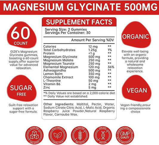 Magnesium Glycinate Gummies 500mg – Sugar Free Magnesium Gummies for Sleep, Stress, Muscle & Nerve Support – for Adults & Kids 4+, Vegan, No Melatonin (Raspberry Flavor, 60 Count)
