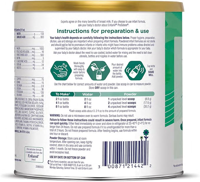 Enfamil Prosobee Plant based Baby Formula, for Sensitive Tummies, Soy-based Plant Sourced Protein, Vitamins for Immune Support, Lactose-free, Milk free, Gluten free, 20.9 Oz Can, 4 Count