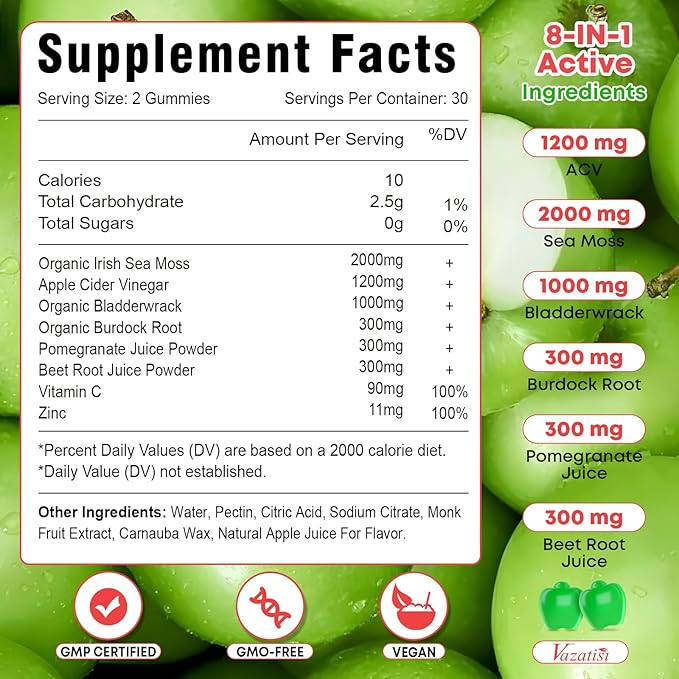 2 Pack Apple Cider Vinegar Gummies, ACV with Sea Moss Gummies for Metabolism, Digestion, Detox, Gut & Immune Health, Apple Flavored -120 Count