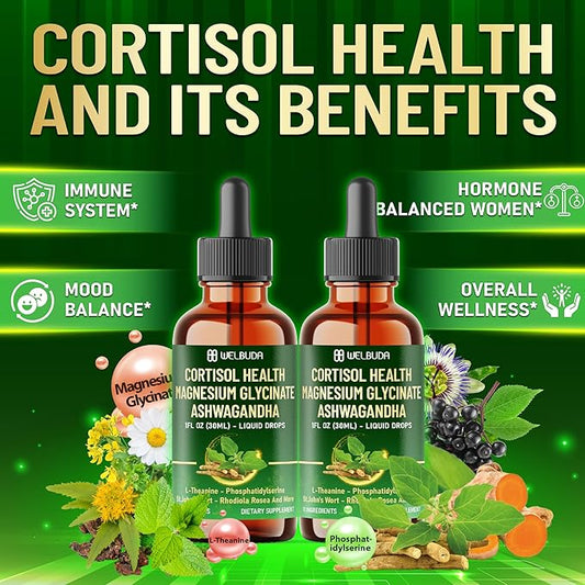 11in1 Cortisol Liquid Supplement with Ashwagandha, Magnesium Glycinate Chelate, L-Theanine, Phosphatidylserine, St.John's WortL-Theanine and More - Immune & Mood Balance - 1 FL Oz - 30 Day