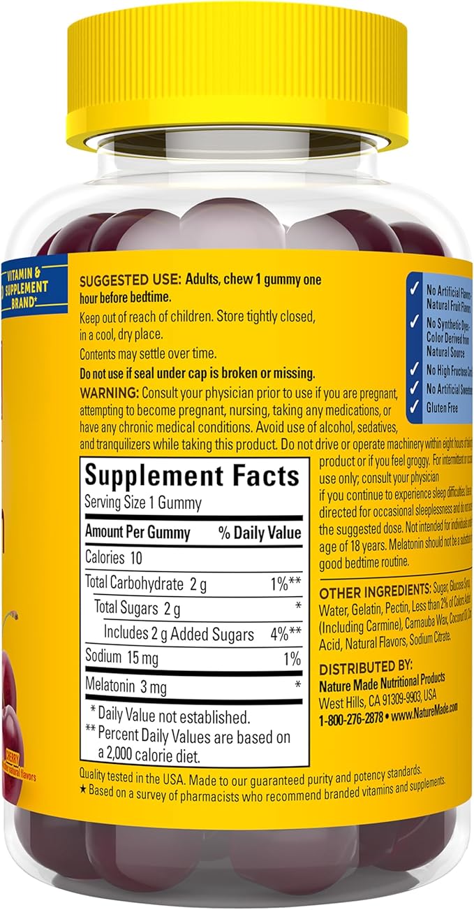 Nature Made Time Release Melatonin 3mg Gummies, 100% Drug Free Sleep Aid for Adults, 60 Melatonin Gummies, 60 Day Supply