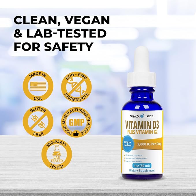 Vitamin D3 K2 Liquid Drops - Liquid Vitamin-D3 2000 IU Per Drop with K2 Supplements for Adults & Kids - Vitamin D K2 MK7 for Healthy Bones, Heart & Immune - 1 Oz Dropper + 900 Days Supply