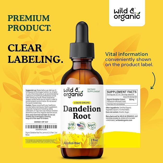 Wild & Organic Dandelion Root Supplement - Liver Detox Cleanse Support - Dandelion Root Tincture - Add to Tea - Herbal Liver Supplement - Vegan, Sugar & Alcohol-Free Liquid Extract Drops - 2 fl oz