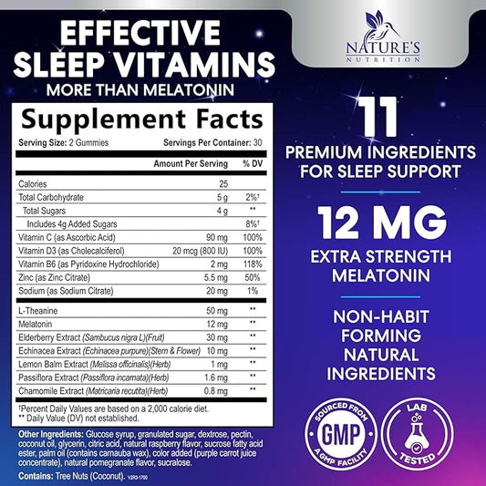 Sleep Gummies with Melatonin 12 mg Per Serving - Extra Strength Sleep Vitamin Gummy, Natural Melatonin Gummy, Occasional Sleep Support Supplement for Adults, Vegan, Gomitas para Dormir - 60 Gummies