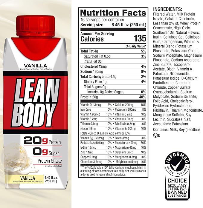 Lean Body Ready-to-Drink Vanilla Protein Shake, 20g Protein, Whey Blend, 0 Sugar, Gluten Free, 22 Vitamins & Minerals, (Recyclable Carton & Lid - Pack of 4)