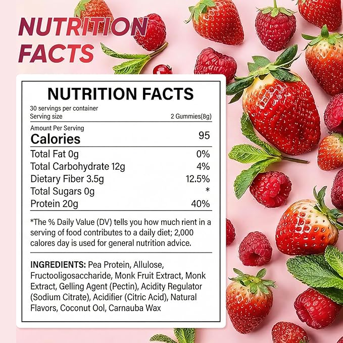 Protein Gummies, 144g Protein Per Bottle, Zero Sugar, Supports Daily Vitality, Low-Calorie, Guilt-Free, Strawberry Flavor, 60 Gummies