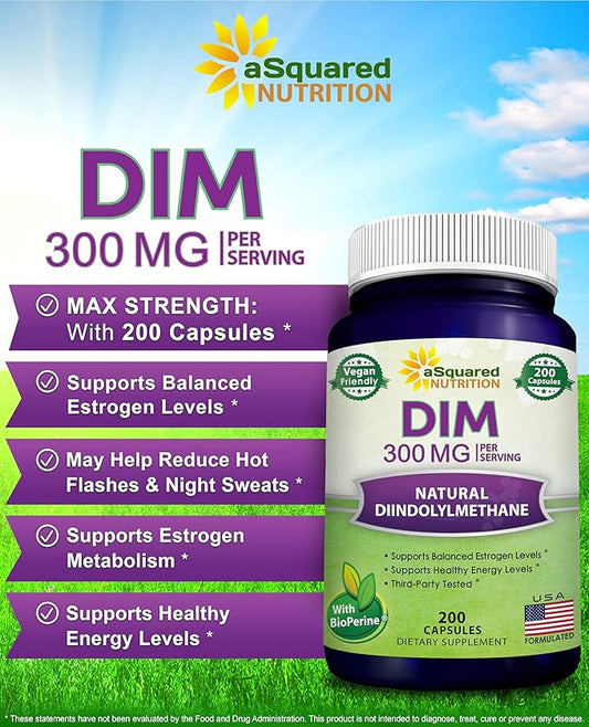 aSquared Nutrition DIM Supplement 300mg Per Serving Plus BioPerine - 200 Veggie Capsules - Diindolylmethane DIM Max Strength Pills to Support Estrogen Metabolism & Balance, Menopause, Hormonal Acne