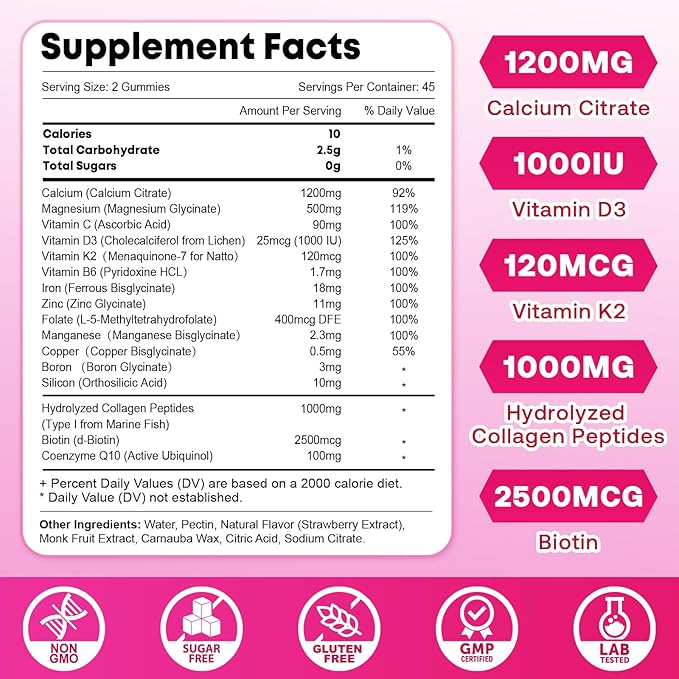 2 Pack Calcium Gummies for Women, Calcium Citrate 1200mg with Vitamin D3 K2, Collagen & Biotin, B0ne, Teeth, Immune & Hormone Support, Sugar Free, Non-GMO, Gluten-Free, Strawberry Flavor, 180 Count