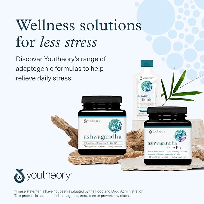 Youtheory Ashwagandha - with Organic KSM-66 Ashwagandha - Herbal Blend to Support Stress Relief & Energy Levels* - Helps Support Mood* - 60 Vegetarian Capsules (30-Day Supply)