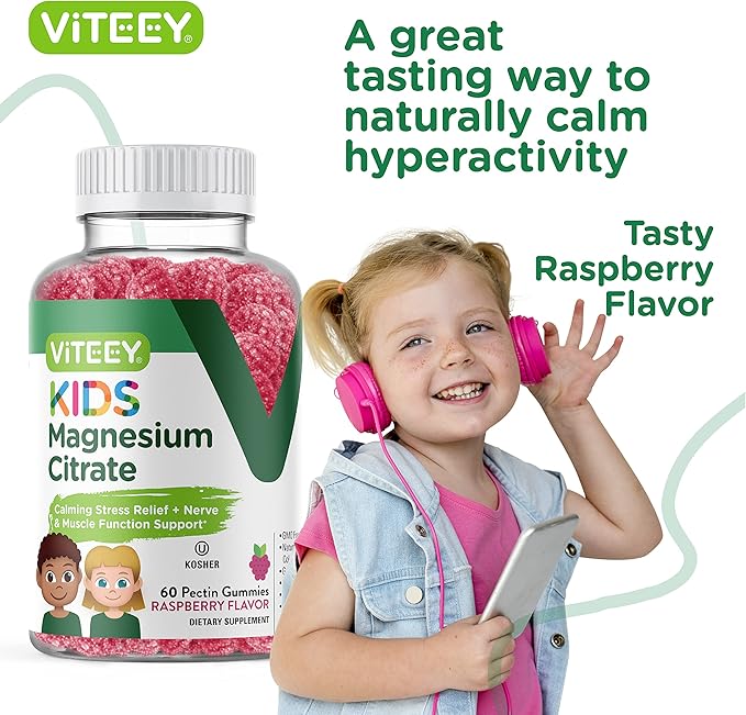 Viteey Kids Magnesium Citrate Gummies - Supports Sleep Aid, Calm Gummies, Muscle Relaxer, Optimal Relaxation - Vegetarian, Gelatin Free, Gluten Free, GMO Free - Tasty Chewable Raspberry Flavored Gummy