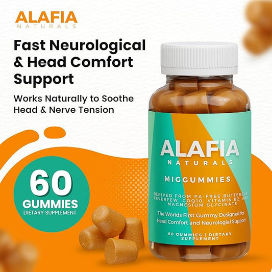 Alafia Naturals Miggummies - World's First Cranial Comfort and Support Gummy - Magnesium Glycinate, Butterbur, Feverfew, CoQ10, Vitamin B2 400mg Riboflavin 400mg 60ct