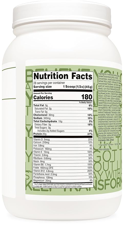 TransformHQ Meal Replacement Shake Powder 28 Servings (Mint Chocolate Chip) - 20G Protein per Serving, Non-GMO