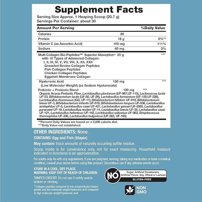 NeoCell Multi Collagen Bio-Peptides Powder | 22oz | Advanced with Hyaluronic Acid and Vitamin C | 10 Super Types of Collagen | Superior Absorption | Grassfed Protein Supplement
