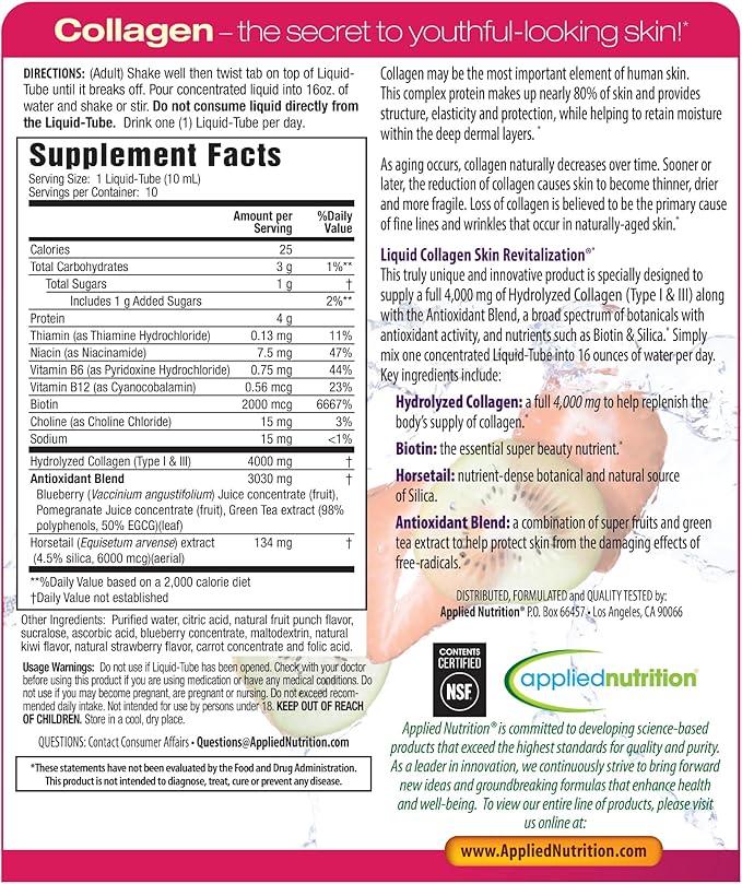 Applied Nutrition Liquid Collagen Skin Revitalization - 10 Liquid Tubes, Pack of 2 - Collagen, Biotin & Silica - Tropical Strawberry & Kiwi Flavor - 20 Servings