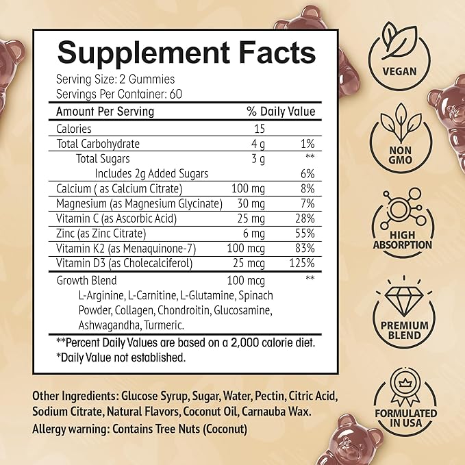 Height Growth Increase Vitamin Gummies, Calcium 100mg, Magnesium Glycinate 30mg, Zinc, Ashwagandha, Vitamin K2 D3 25mg Grow Tall Maximizer Supplement, Multivitamin for Kids, Teens Boy & Girl, Adults