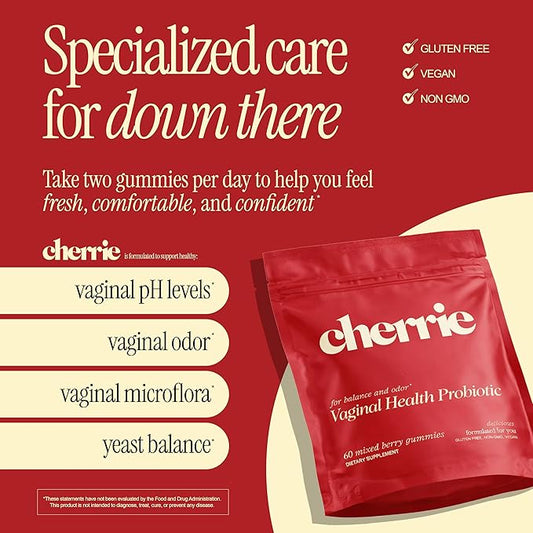 CHERRIE Vaginal Probiotic Gummies for Women, Balanced pH, Healthy Odor, Yeast Balance & Flora Support, Bloating Relief, Gut Health, Mixed Berry Flavor, 60 Count