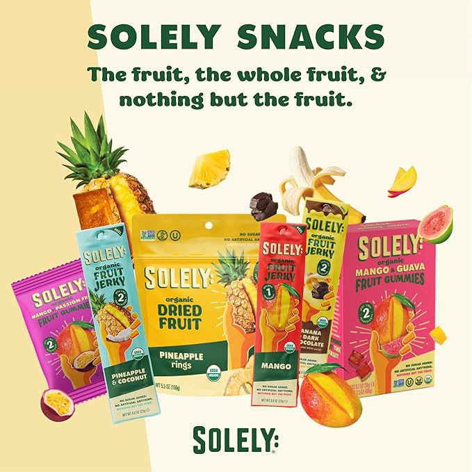 SOLELY - Organic Mango & Orange Whole Fruit Gummies (Pack of 1 Box, 5 Bags per Box) - Real Fresh Fruit - Healthy Snacks for Adults & Kids - Non GMO, Vegan Snacks, Shelf Stable - 5 Bags (3.5 oz)