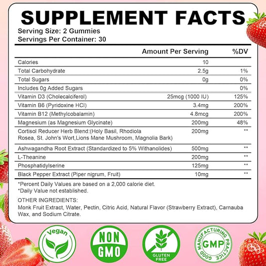 2 Pack Cortisol Supplements for Women & Men, 13 in 1 Cortisol Detox, Cortisol Manager Reducer with Ashwagandha, L-Theanine, Cortisol Balance Gummies-Hormone Balance, Focus, Calm, zzZ,Strawberry Flavor