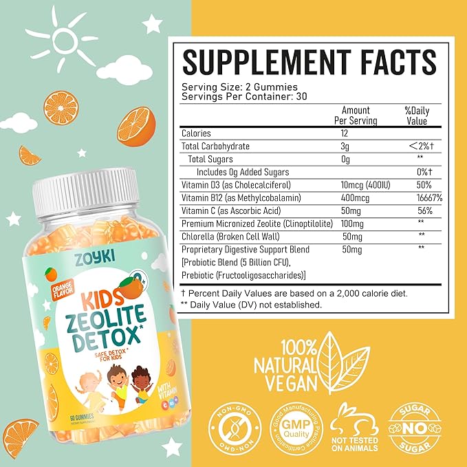 Zeolite Detox Gummies for Kids - Cleanse Out Toxins - Micronized Zeolite Chewable Body Support Supplement with Chlorella Vitamin D3 B12 C - Orange Flavor Vegan Non-GMO Gluten-Free