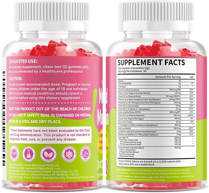 Methylated Vitamin B Complex Gummies for Women & Men, Multivitanins Gummy with Vitamin A, C ,E, Methylfolate & B12, TMG, Calcium, D3 K2, Magnesium & More for Overall Health-Vegan, Sugar Free,120 Cts