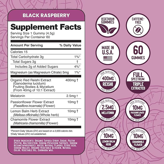 Troomy Sleep Gummies for Adults and Kids, Great Tasting Black Raspberry, Red Reishi Mushroom, Easy Restful Natural Sleep Aid, 60 Count