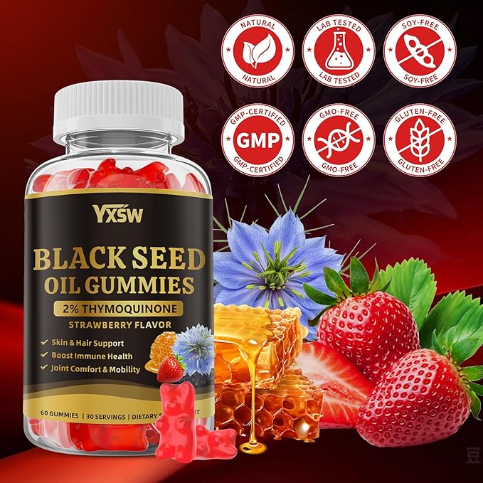Black Seed Oil Gummies 500mg with Honey and 2% Thymoquinone, Nigella Sativa Seeds for Boost Immune Health, Joints, Digestion, Hair & Skin, Strawberry Flavor, 120 Count