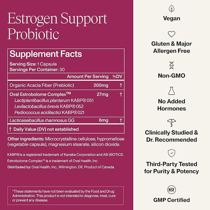 Oval Estrogen Support Probiotic for Women - Menopause Supplements for Women - Vegan, Non-Hormonal Support for Mood, Sleep, Metabolism, Skin & Gut Health - 1 Pack, 30 Capsules