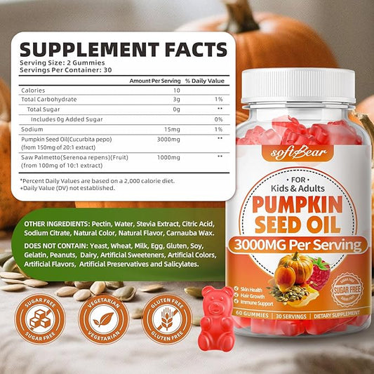 softbear Pumpkin Seed Oil Gummies, Organic Pumpkin Seed Oil Supplement with Saw Palmetto for Hair Growth & Skin Health, Cold Pressed/Suagr-Free, Raspberry Flavor 60 Count