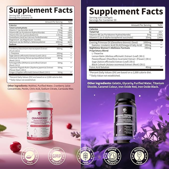 Lukaree Evening Primrose Oil & Cranberry Wellness Duo – Supports Urinary Health, Hormonal Balance, Skin Health, Stress Relief, and Relaxation – Daytime Clarity & Nighttime Calm – 30-Day Supply
