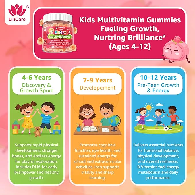 Kids Multivitamin Gummies + Iron, Omega 3, Probiotic, Fiber, Vitamins A C D3 E, K2, Methylfolate, Calcium, Choline, Kids Vitamins Multivitamin for Growth, Immune, Bone, Brain, Focus, No Sugar, 60 Cts