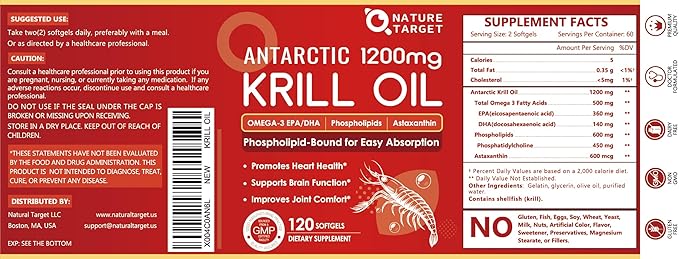 NATURE TARGET Krill Oil 1200mg with Omega-3 EPA & DHA with Astaxanthin, Phospholipids & Choline - Supports Heart, Brain, Join Health, Non-GMO, Gluten Free, 120 Softgels (60 Servings)