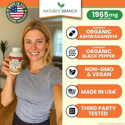 UDAF Certified Organic Ashwagandha with Black Pepper, 1965mg - Extra Strength for Stress, Sleep, Mood, Thyroid, Energy, Hair, Vegan Pure Root Extract Powder Supplement for Men and Women | 180 Capsules