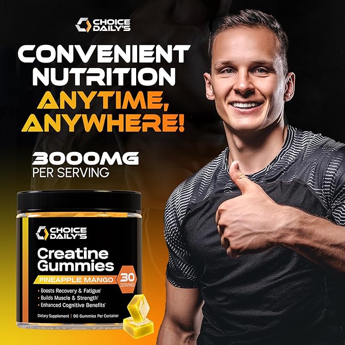 Creatine Gummies - 90 Vegan Friendly Chews - USA Made - Boosts Recovery - Builds Muscle - Enhanced Cognitive Benefits (Large, Pineapple Mango)