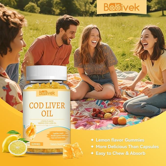 Cod Liver Oil Gummies 1000mg, for Adults & Kids with Omega-3 Vitamin A & D3, Fish Oil Supplement, Supports Eye Health, Brain Function & Bone Health, Sugar-Free, Non-GMO, Gluten-Free 120 Count