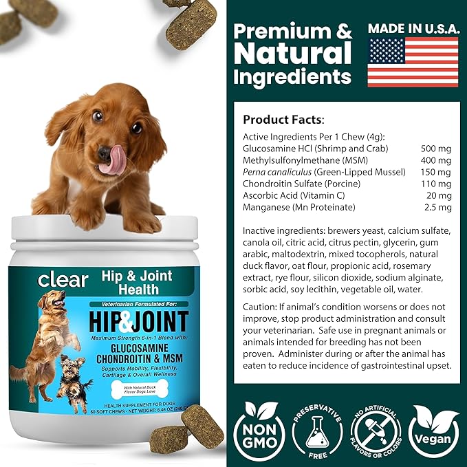 Glucosamine for Dogs Hip and Joint Supplement - Chondroitin, MSM, Green-Lipped Mussel - Clear Hip & Joint - Advanced Mobility Cartilage Support, Bone Health - Tasty Chews 60ct - Made in USA