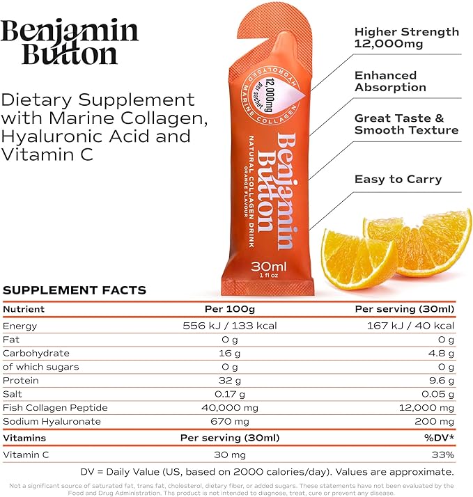 Marine Collagen Liquid Sachet w/Hyaluronic Acid & Vitamin C | for Hair, Skin, Nails & Joints | 12,000mg High Strength Hydrolysed Collagen (1.01 Fl Oz (Pack of 28), Orange)