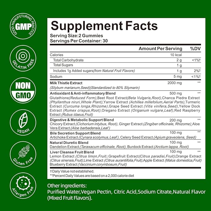 Liver Cleanse Detox & Repair Gummies - 2000mg Milk Thistle Liver Detox Supplement, Liver Support Supplement with Dandelion Root - Mixed Fruit Flavor, 60 Gummies