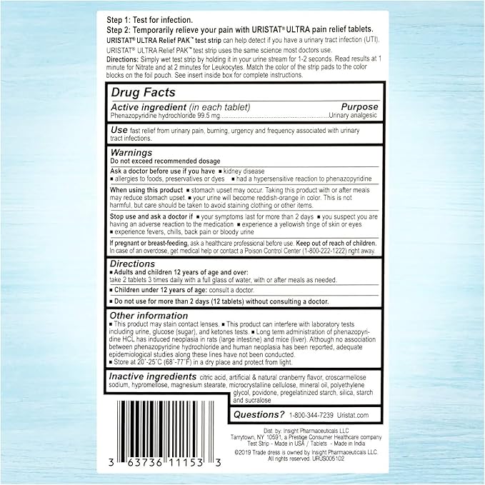 URISTAT Ultra UTI Relief Pack, 1 UTI Test Strip & 12 Pain Relief Tablets (Pack of 3)