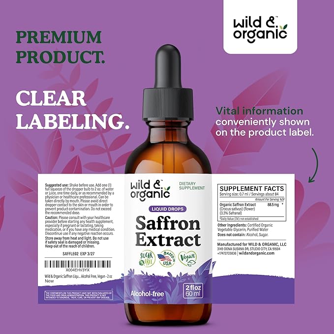 Wild & Organic Saffron Supplements 88.5 mg - Saffron Drops for Mood, Brain, Vision Support - Crocus Sativus Liquid Extract - Vegan, Sugar & Alcohol-Free Tincture - 2 fl oz