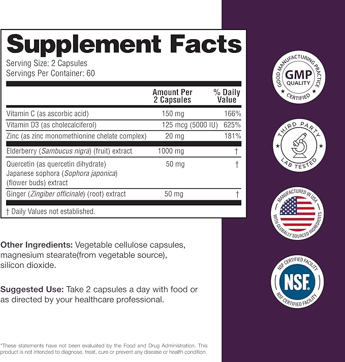 Elderberry Vitamin C and Zinc Capsules for Adults | 240 Count with Quercetin & Vitamin D3 | 6-in-1 Immune Support Supplement Pills | Sambucus Black Elderberry Natural Immunity Vitamins | Made in USA